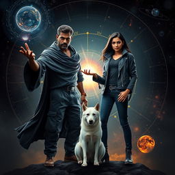 A captivating action fantasy dark magical film poster featuring a dark-skinned Indian man, 27 years old, exuding an aura of mystery and power, surrounded by a swirling solar system filled with celestial elements