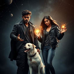 A dark fantasy film poster featuring a mystical scene with a 27-year-old Indian man with a dark complexion, exuding magical powers connected to the solar system