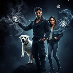 A dark fantasy film poster featuring a mystical scene with a 27-year-old Indian man with a dark complexion, exuding magical powers connected to the solar system