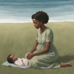 An emotive children's book-style illustration showing a saddened African American woman sitting alone on a grassfield, gazing longingly at her newborn baby who is at a distance.