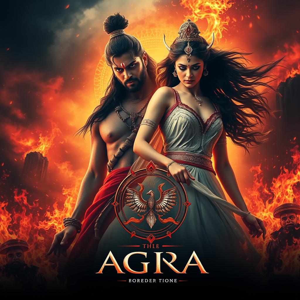 An epic cinematic fantasy action film poster showcasing a love story between an Indian Asura and the daughter of the Agni God