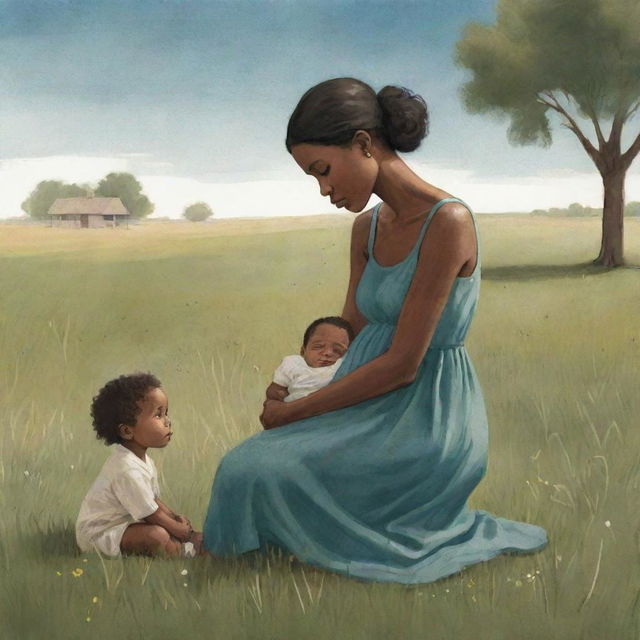 An emotive children's book-style illustration showing a saddened African American woman sitting alone on a grassfield, gazing longingly at her newborn baby who is at a distance.