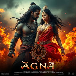 An epic cinematic fantasy action film poster showcasing a love story between an Indian Asura and the daughter of the Agni God