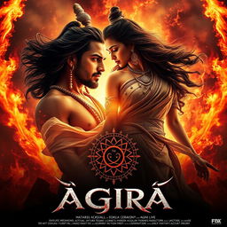 An epic cinematic fantasy action film poster showcasing a love story between an Indian Asura and the daughter of the Agni God