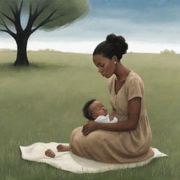 An emotive children's book-style illustration showing a saddened African American woman sitting alone on a grassfield, gazing longingly at her newborn baby who is at a distance.