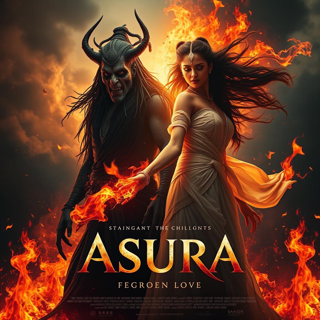 An intense cinematic fantasy action film poster depicting the dramatic love story between a creepy Indian Asura and the daughter of the Agni God