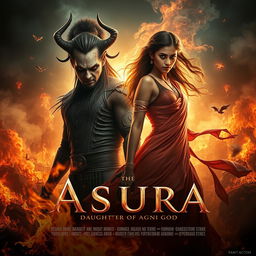 An intense cinematic fantasy action film poster depicting the dramatic love story between a creepy Indian Asura and the daughter of the Agni God