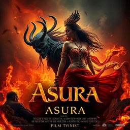 An intense cinematic fantasy action film poster depicting the dramatic love story between a creepy Indian Asura and the daughter of the Agni God