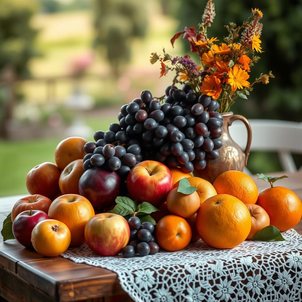 A classic still life composition featuring a beautiful arrangement of seasonal fruits, including ripe apples, luscious grapes, and vibrant oranges, elegantly displayed on a rustic wooden table