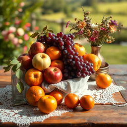A classic still life composition featuring a beautiful arrangement of seasonal fruits, including ripe apples, luscious grapes, and vibrant oranges, elegantly displayed on a rustic wooden table