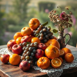 A classic still life composition featuring a beautiful arrangement of seasonal fruits, including ripe apples, luscious grapes, and vibrant oranges, elegantly displayed on a rustic wooden table