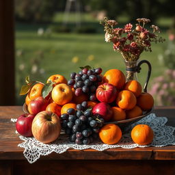 A classic still life composition featuring a beautiful arrangement of seasonal fruits, including ripe apples, luscious grapes, and vibrant oranges, elegantly displayed on a rustic wooden table