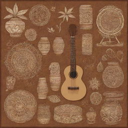 Enhance the brown-shaded doodle-style poster of Filipino arts by adding more cultural elements such as rattan weave patterns, bamboo musical instruments, tribal tattoos, and capiz lanterns, all keeping within the warm, lively brown color palette.