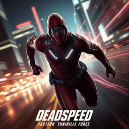 A stunning cinematic film poster for a superhero named 'DeadSpeed'