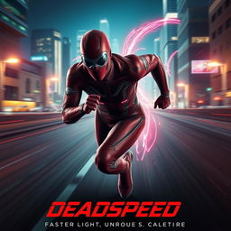 A stunning cinematic film poster for a superhero named 'DeadSpeed'