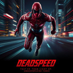 A stunning cinematic film poster for a superhero named 'DeadSpeed'