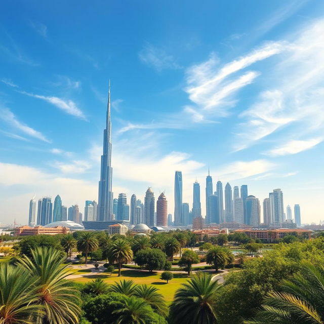 A stunning landscape of Dubai's iconic skyline, featuring towering skyscrapers like the Burj Khalifa and other architectural marvels, set against a bright blue sky with wispy clouds