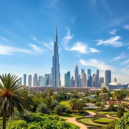 A stunning landscape of Dubai's iconic skyline, featuring towering skyscrapers like the Burj Khalifa and other architectural marvels, set against a bright blue sky with wispy clouds