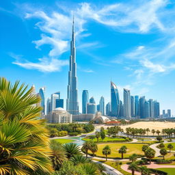 A stunning landscape of Dubai's iconic skyline, featuring towering skyscrapers like the Burj Khalifa and other architectural marvels, set against a bright blue sky with wispy clouds