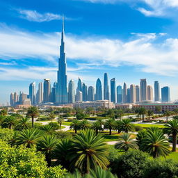 A stunning landscape of Dubai's iconic skyline, featuring towering skyscrapers like the Burj Khalifa and other architectural marvels, set against a bright blue sky with wispy clouds