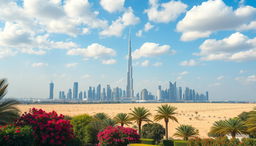 A breathtaking landscape of Dubai, showcasing its stunning skyline featuring the Burj Khalifa and other iconic skyscrapers, under a blue sky filled with soft, fluffy clouds