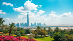 A breathtaking landscape of Dubai, showcasing its stunning skyline featuring the Burj Khalifa and other iconic skyscrapers, under a blue sky filled with soft, fluffy clouds