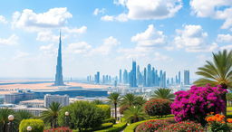 A breathtaking landscape of Dubai, showcasing its stunning skyline featuring the Burj Khalifa and other iconic skyscrapers, under a blue sky filled with soft, fluffy clouds