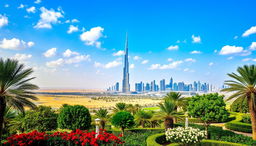 A breathtaking landscape of Dubai, showcasing its stunning skyline featuring the Burj Khalifa and other iconic skyscrapers, under a blue sky filled with soft, fluffy clouds