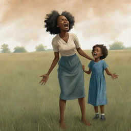 A heartbreaking children's book-style illustration featuring a distressed African American woman on a grassfield, her arms outstretched, mouth open in a scream, as she watches her child being taken away.