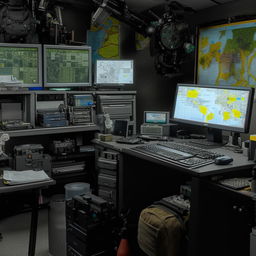 The meticulously organized desk of the SWAT Commander, featuring a high-tech computer setup, detailed maps, critical documents, and vital communication equipment.