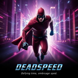 A visually stunning cinematic film poster for the superhero titled 'DEADSPEED'