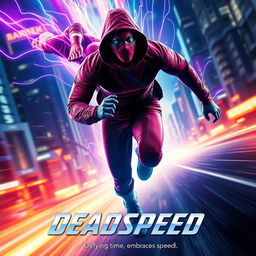 A visually stunning cinematic film poster for the superhero titled 'DEADSPEED'