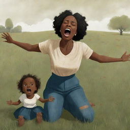 A heartbreaking children's book-style illustration featuring a distressed African American woman on a grassfield, her arms outstretched, mouth open in a scream, as she watches her child being taken away.