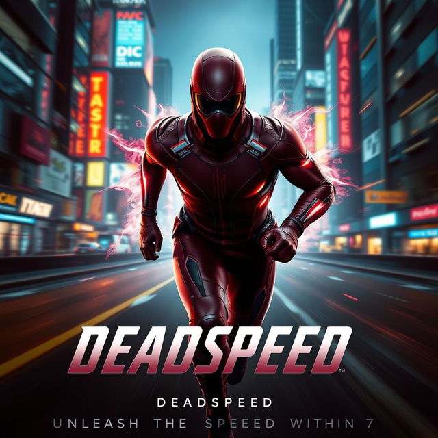 A captivating cinematic film poster for a superhero named 'DeadSpeed'