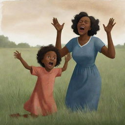 A heartbreaking children's book-style illustration featuring a distressed African American woman on a grassfield, her arms outstretched, mouth open in a scream, as she watches her child being taken away.