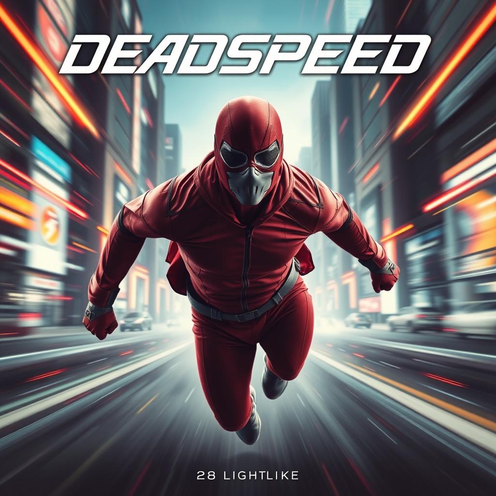 A dynamic and visually striking sci-fi movie poster for a superhero named 'DeadSpeed'