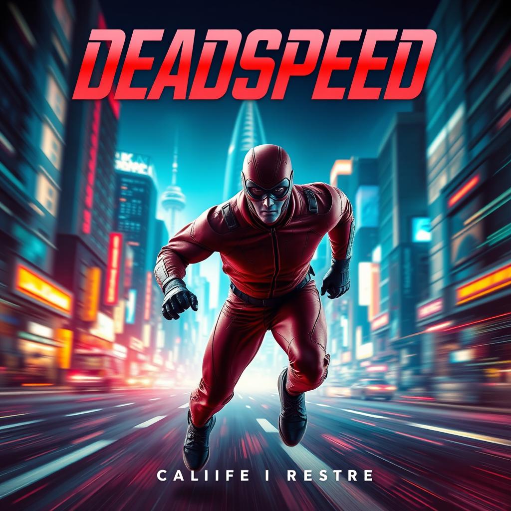 A captivating and high-energy sci-fi movie poster for a superhero film titled 'DeadSpeed'