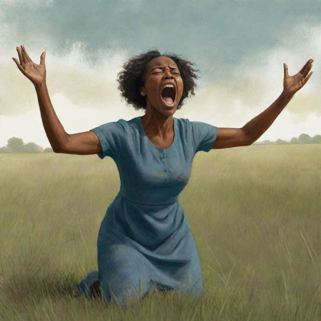 A heartbreaking children's book-style illustration featuring a distressed African American woman on a grassfield, her arms outstretched, mouth open in a scream, as she watches her child being taken away.