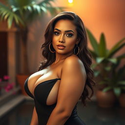 A captivating portrait of a Colombian sexy woman, showcasing her BIG, voluptuous figure and a seductive pose