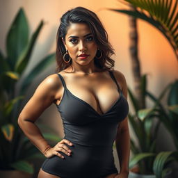 A captivating portrait of a Colombian sexy woman, showcasing her BIG, voluptuous figure and a seductive pose