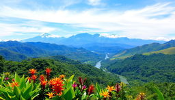 A stunning landscape of Colombia, featuring lush green mountains and rolling hills under a clear blue sky