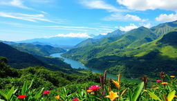 A stunning landscape of Colombia, featuring lush green mountains and rolling hills under a clear blue sky