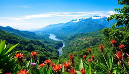 A stunning landscape of Colombia, featuring lush green mountains and rolling hills under a clear blue sky