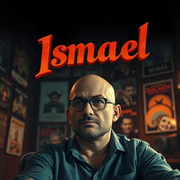 A bald man wearing glasses, depicted in a cinematic style