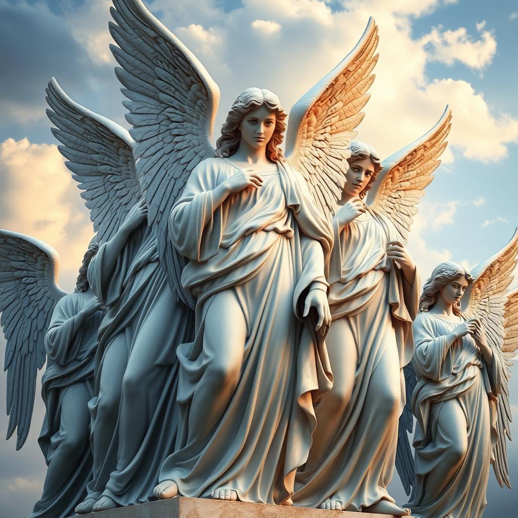 A stunning depiction of angels standing alongside each other in a classical sculpture style, exuding a sense of readiness to protect and serve