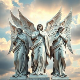 A stunning depiction of angels standing alongside each other in a classical sculpture style, exuding a sense of readiness to protect and serve