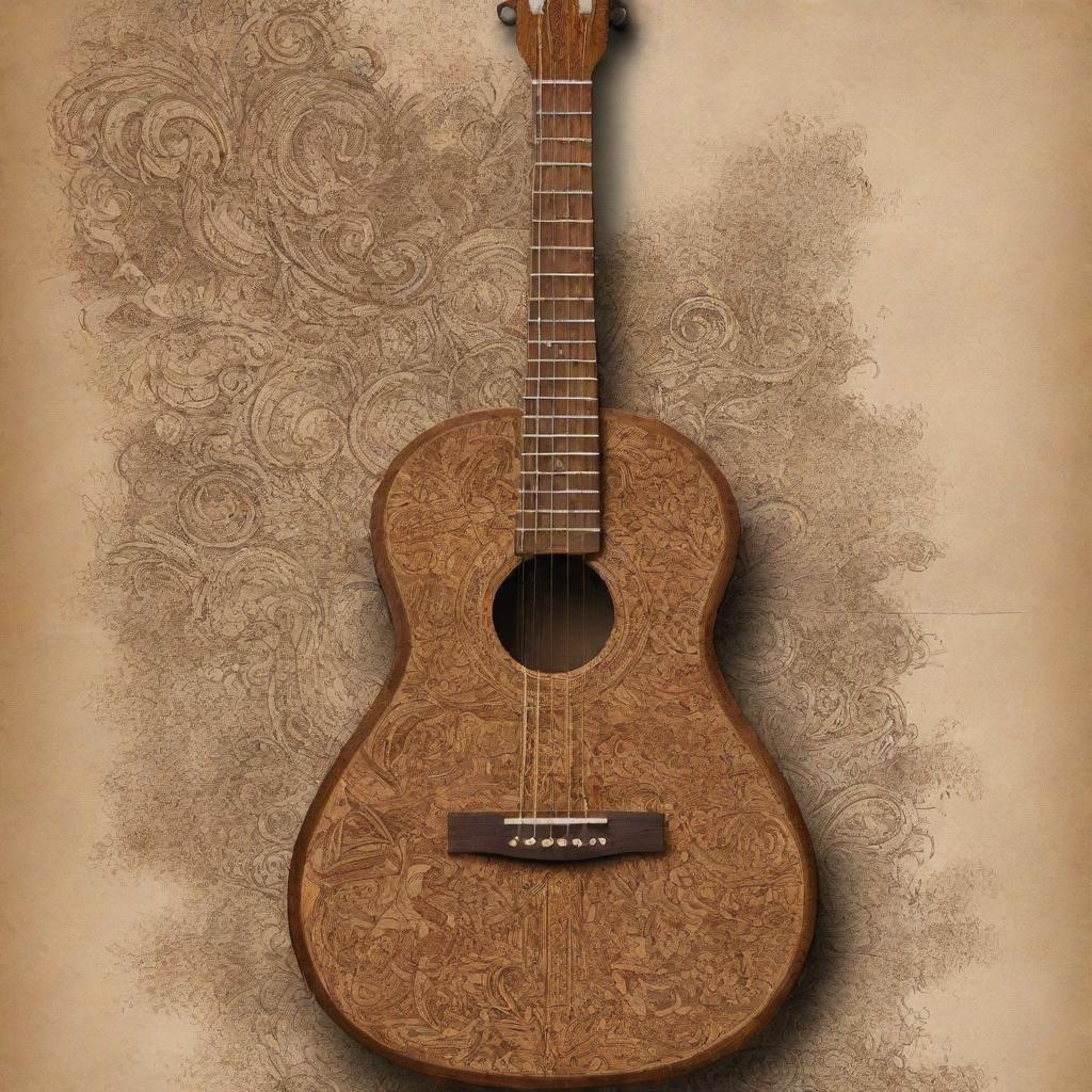 Remove the image of a guitar on the Filipino arts poster and replace it with a paintbrush - representing fine arts. Ensure the paintbrush harmonizes with the rest of the brown-toned doodle-style drawing of traditional Filipino culture.