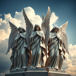 A stunning depiction of angels standing alongside each other in a classical sculpture style, exuding a sense of readiness to protect and serve