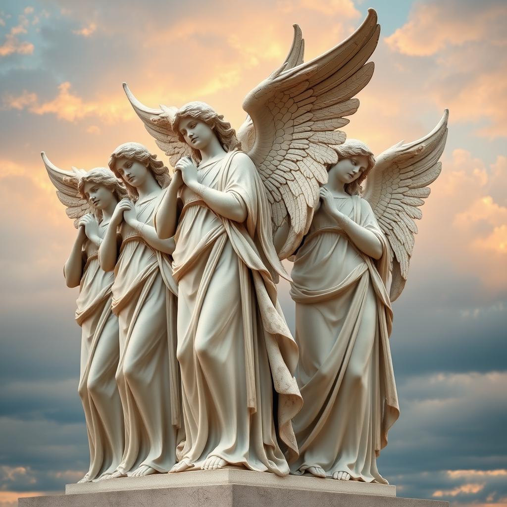 A stunning depiction of angels standing alongside each other in a classical sculpture style, exuding a sense of readiness to protect and serve