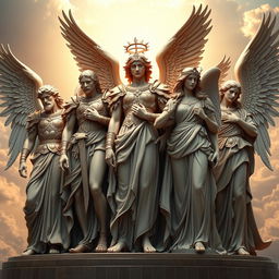 A breathtaking portrayal of different archangels standing alongside each other in a classical sculpture style, embodying a sense of readiness to protect and serve